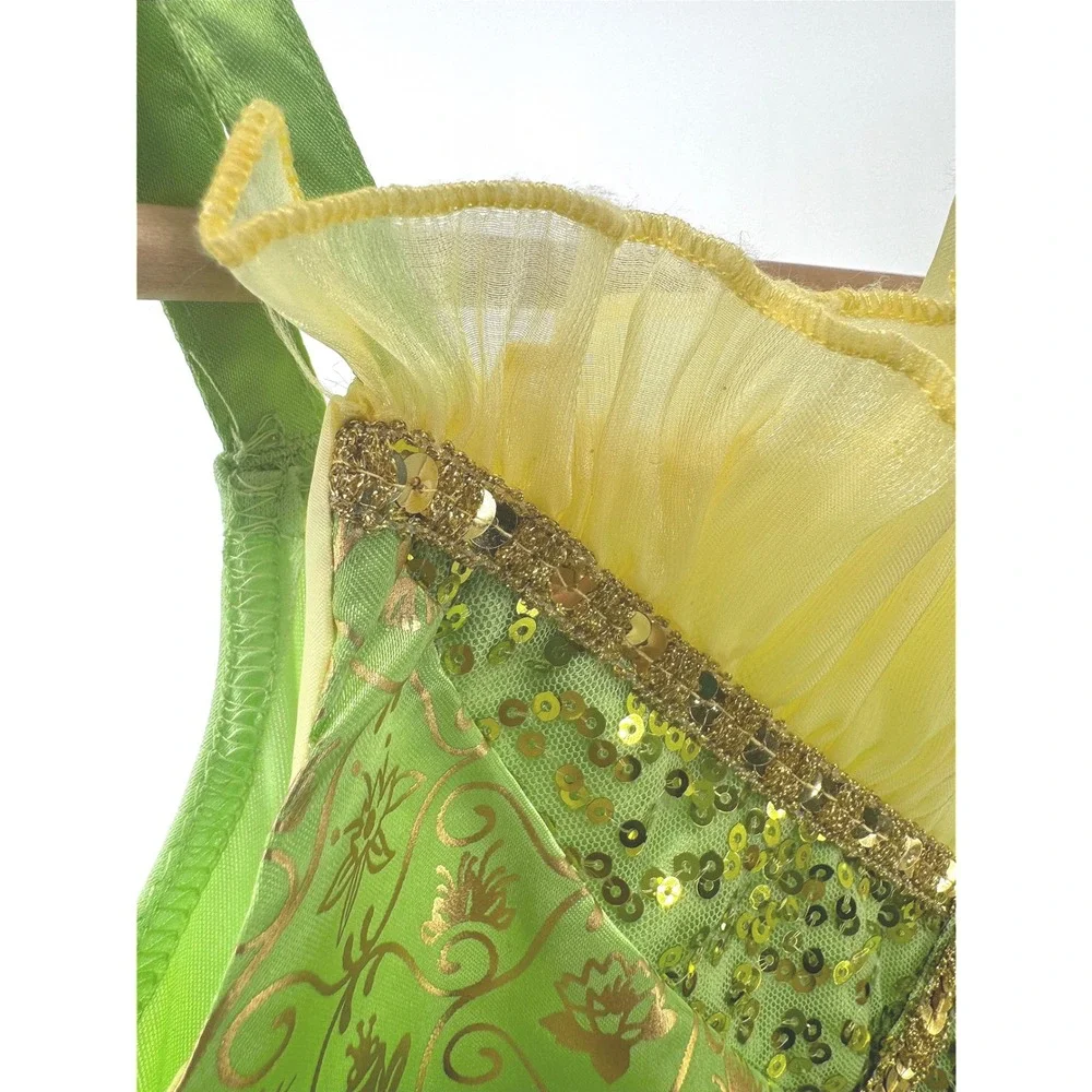 Disney Princess Tiana Costume Dress Kids Size 9/10 Lime Green Gold Sequins